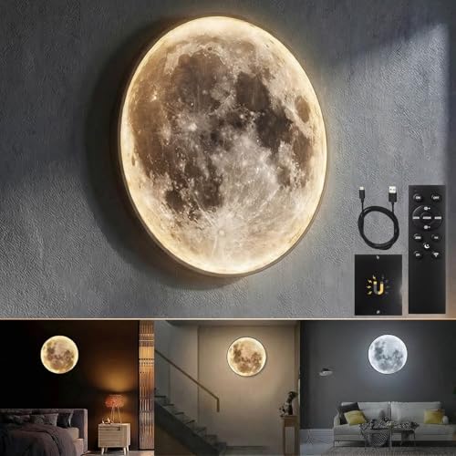 Dimmable Moon Wall Lamp - Rechargeable Battery Operated Indoor Night Light with Remote - 12 Inch