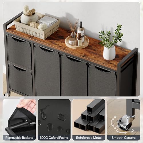 HOOBRO Laundry Sorter with 5 Compartments & Removable Bags, Rustic Brown, 170L Capacity
