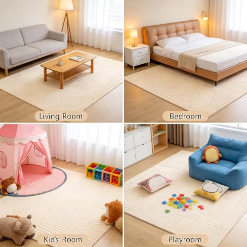 Light Beige 5x7 Geometric Washable Area Rug for Living Room - Solid Beige