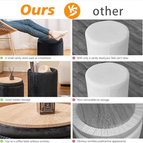 Black Velvet Round Ottoman Set of 2 with Storage & Removable Tray