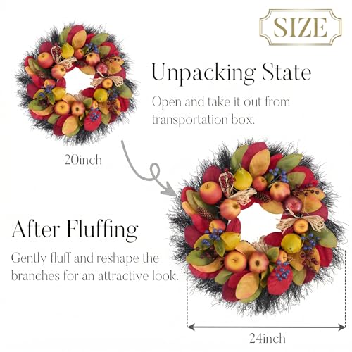 24-Inch Collapsible Pre-Lit Fall Wreath with Apples Berries & Lights