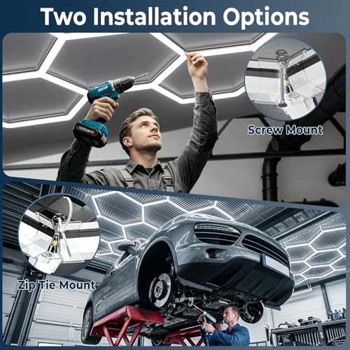 Gardencoin 322W Hexagon LED Garage Light 11 Grids, 1.3-inch Widened Surface, 35400LM, 6500K, Hex LED Lighting for Workshop & Car Detailing