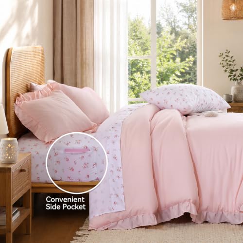 Pink Ruffle Queen Comforter Set with Floral Sheets - 7 Pieces, Blush Pink R