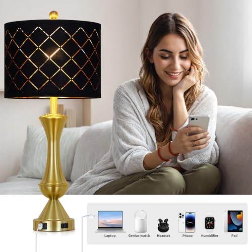 Luxeflow 29-Inch Gold Modern Touch Table Lamps Set of 2 - Dimmable Nightstand Lamps with USB-C + A Outlets, Brass Finish, 4 Variation