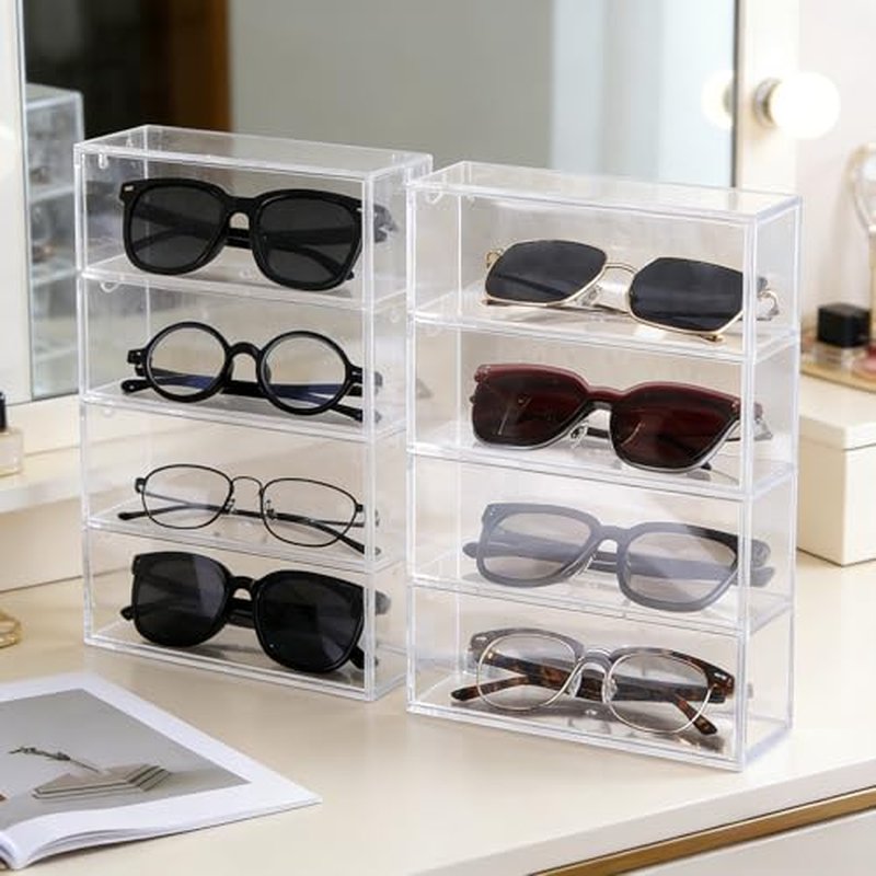2PCS Clear Acrylic Sunglasses Organizer, Plastic Stackable Eyeglass Case Storage Organizers with 4 Drawers, Glasses Organizer for Women for Glasses Jewelry Watch Storage-9.65*6.89*2.56 Inch