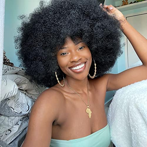 Short Afro Wig with Bangs for Black Women - 70s Kinky Curly Premium Synthetic Wig, Natural Black