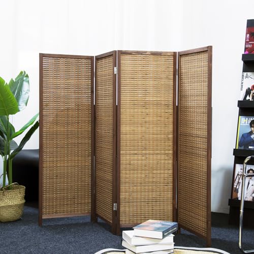 4 Panel Short Room Divider Screen Brown Freestanding Bamboo Panel Partition - 47.2" H x 61.4" W, 4-Panel