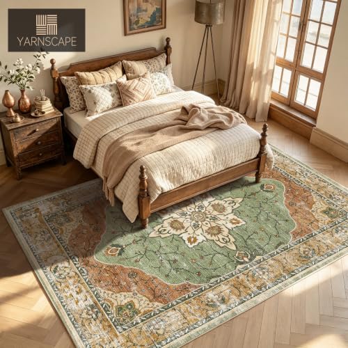 YARNSCAPE 8x10 Sage Green & Terracotta Machine Washable Area Rug - Non-Slip Low-Pile Carpet