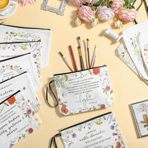 Talltalk Christian Makeup Bags Set of 10 – Bible Verse & Floral Design Travel Cosmetic Pouches for Women