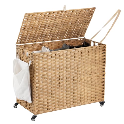 Laundry Hamper with Wheels 52.8 Gallon Natural Rattan Style with Lid & Removable Liners - 31.5 x 15.75 x 25.6 Inches