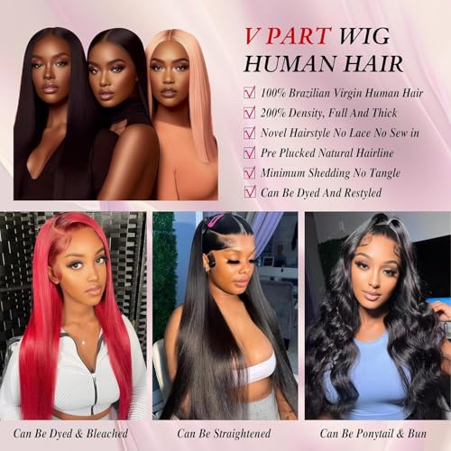 V Part Human Hair Wig 22 Inch Straight No Leave Out No Sew for Black Women - 1B