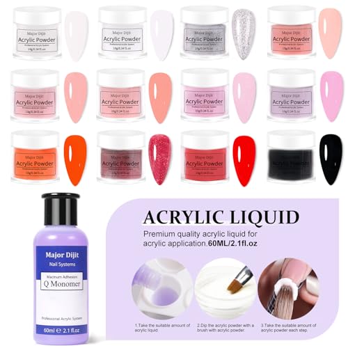 Major Dijit Complete Acrylic Nail Starter Kit with LED Lamp, 12 Colors Powder Acrylic Liquid Base/Top Coat Primer Electric Drill ? DIY Nail Art Tools for Home & Salon