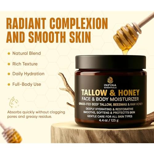 Beef Tallow for Skin with Raw Honey ? Grass Fed Beef Tallow Face & Body Moisturizer - Balm Style Hydrating Cream with Beeswax & Olive Oil for Dry Skin, Hands & Feet ? 4.4 oz