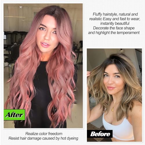 Long Pink Ombre Wavy Wig 26 Inch Synthetic Curly Hair for Women - Natural Look, Heat-Resistant Fiber