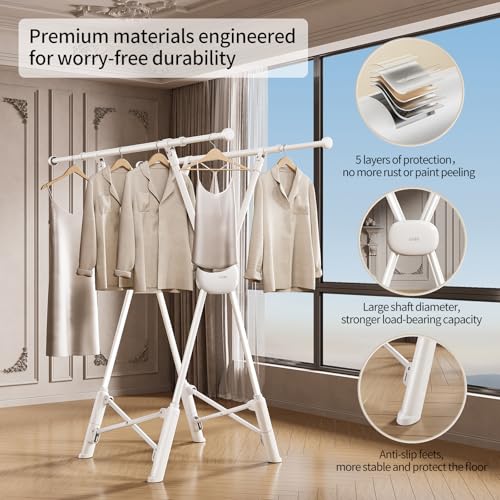White Foldable Clothes Drying Rack with Adjustable Length - Indoor & Outdoor Laundry Organizer