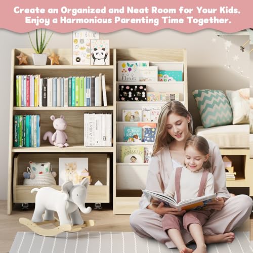 COZPAW Kids Bookshelf & Toy Storage Medium Oak 4-Tier Toddler Organizer