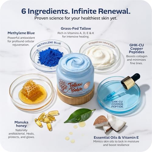 Copper Peptide GHK-Cu & Methylene Blue Infused Whipped Grass Fed Beef Tallow Balm, Anti-Aging, Fine lines, Wrinkles, Eczema, Acne, Full body moisturizer, All skin types, With Organic Ingredients 3.4oz