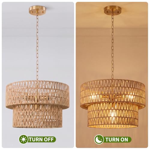 Brown V-2Tier 17.7 inch Boho Rattan Pendant Light Fixture with Wicker Shade