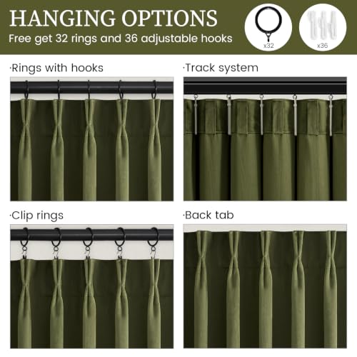 Olive Green Velvet Pinch Pleated Curtains 4 Panels Set, 40"W x 96"L, Blackout