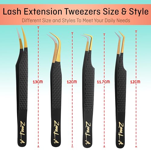 Zane L.A. Nano Fiber Tip Professional Eyelash Extension Tweezers, a pack of 4, Quality tweezers made with Japanese Stainless Steel, FREE Eyelash Separator. (Black)