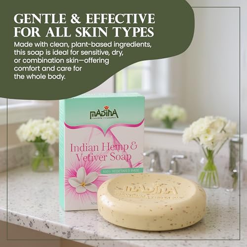Madina Indian Hemp Vetiver Soap Bar ? Moisturizing, Nourishing, Shea Butter, Oat, Wheat Bran, Gentle Cleanser, 100% Vegetable-Based, For All Skin Types, 6 Pack (3.5 oz Each)