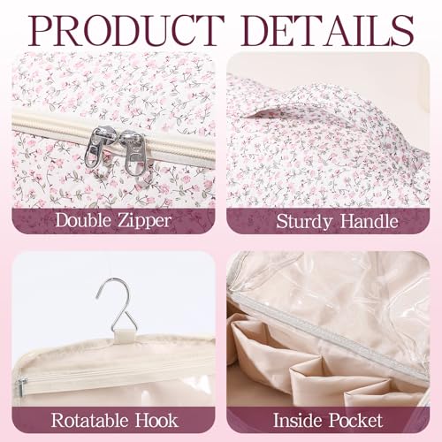 Pink Floral Quilted Hair Tool Bag for Travel & Storage - Large Organizer with Compartments & Hanging Hook
