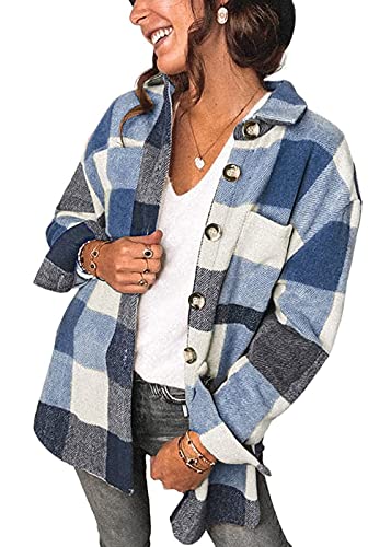 Women's X-Large Blue Brushed Plaid Flannel Shirt Jacket with Button Front