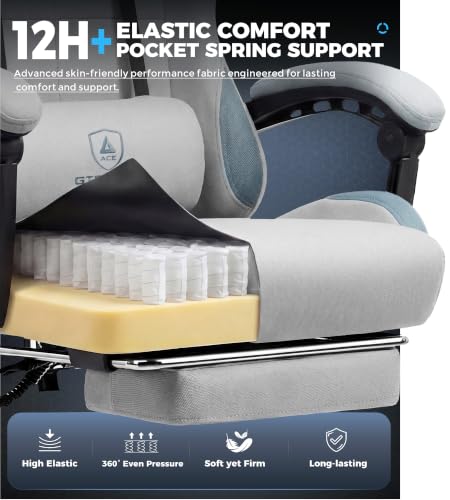 GTPLAYER Light Gray Fabric Gaming Chair with Pocket Spring Cushion, Ergonomic Office & Gaming Chair with Lumbar Support, Height Adjustable, Footrest & Linkage Armrests