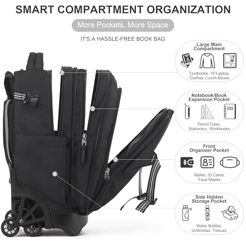 NEW TILAMI 18-Inch Expandable Rolling Backpack with Stair-Climbing Feature - Black