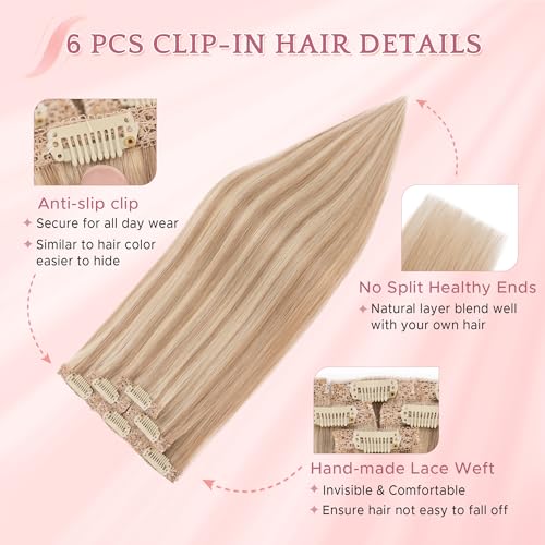 Clip-In Hair Extensions 12 Inch Real Human Hair Highlight Balayage - Golden Brown & Bleach Blonde, 6 Pcs