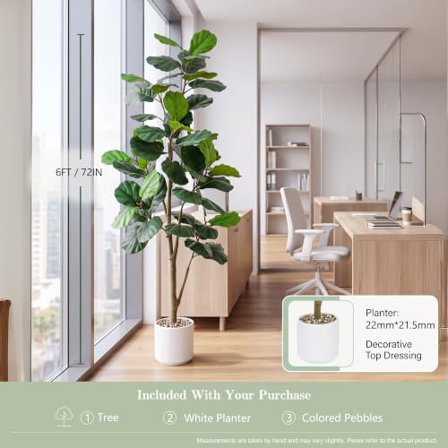 TXABL White 6FT Artificial Fiddle Leaf Fig Tree with Pot & Pebbles for Indoor Decor