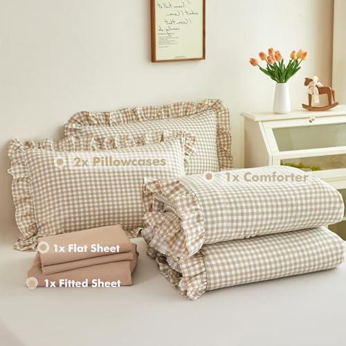 Full Tan Gingham Comforter Set 5 Pieces Vintage Ruffled Bedding