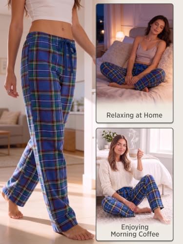 Large Blue Green Plaid Flannel Pajama Sleep Pants for Women - Casual Nights