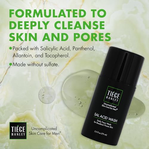 Tiege Hanley Salicylic Acid Cleanser for Men, Gentle Deep-Cleansing Face Wash for Acne-Prone Skin, Helps Remove Impurities & Control Oil, Refines Skin Texture & Pores, Men¡¯s Skin Care, 2.5 FL Oz