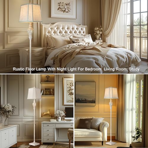LuxSight Cream Rustic Floor Lamp with Nightlight - Vintage Standing Lamp for Living Room