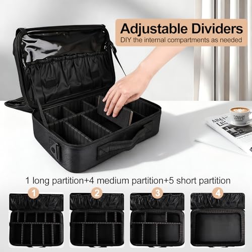 Greenfeather Black Medium Travel Makeup Case with Adjustable Dividers & Shoulder Strap