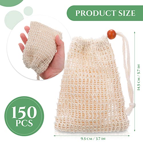 Woanger Natural Sisal Soap Bag 5.7 x 3.7 Inches Mesh Exfoliating Soap Saver Bag with Drawstring Foaming and Drying Holder for Shower Kitchen Bathroom Travel Hotel(150 Pcs)