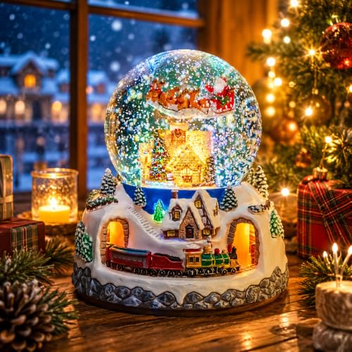 Musical Christmas Village Snow Globe with Santa & Reindeer—48 Carols, Remote