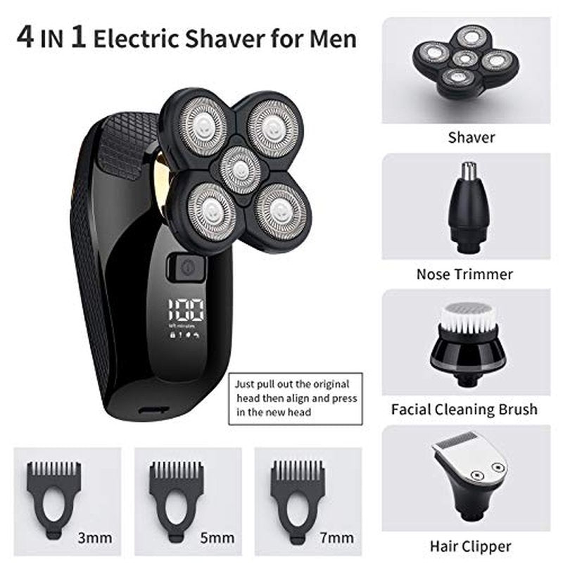 4 in 1 Electric Head Shaver Set - Bald Shaver, Wet & Dry, Cordless, with Nose & Ear Trimmer, Facial Cleansing, Rechargeable, IPX6 Waterproof