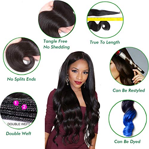 Beauhair Brazilian Body Wave Virgin Human Hair Bundles with 14x4 Lace Closure – 14, 16, 18 Inch, Natural Black
