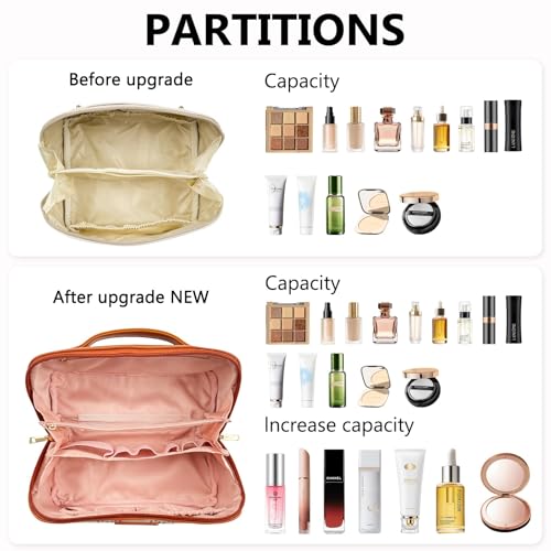PU Leather Travel Makeup Bag for Women, Large Capacity Cosmetic Organizer, Structured Waterproof Travel Toiletry Bag, Portable Handheld Makeup Pouch for Home & Travel (Medium)