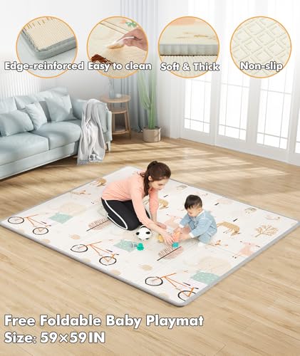 Mloong Baby Playpen with Mat - 59x59 Inch Safety Play Yard for Toddlers, Grey