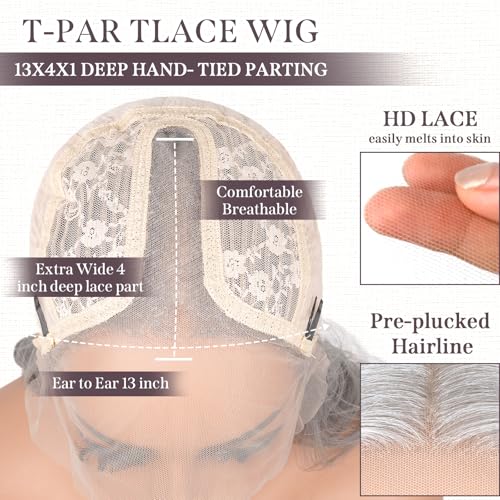 Grey 26 Inch Long Wavy Synthetic Lace Front Wig for Women - Natural Look, Pre-Plucked, Glueless, HD T-Part