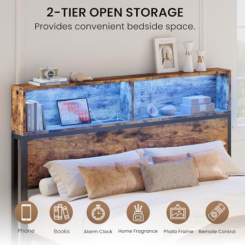 Queen Size Headboard with LED Lighting and Charging Station - Industrial Brown
