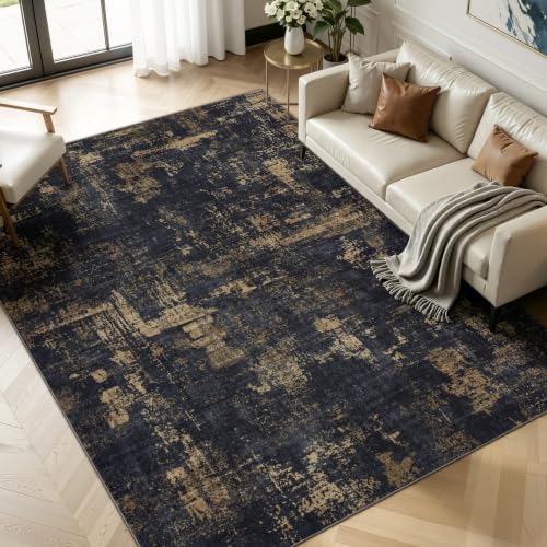 8x10 Black & Gold Washable Modern Abstract Area Rug - Rectangular