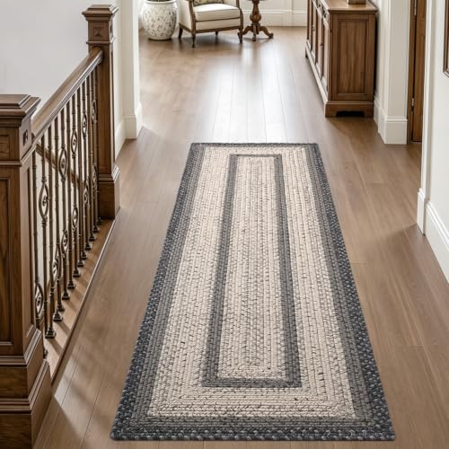 Braided Farmhouse Hallway Runner Rug 3x7 Black Ivory Non Slip Durable