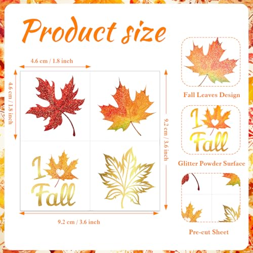 HOWAF 72pcs Glitter Fall Leaves Temporary Tattoos Autumn Harvest Tattoos Stickers for Kids Girls Boys Decor, Glittery Maple Leaves Fake Tattoo Autumn Leaf Face Tattoos for Fall Gift Bags Fillers