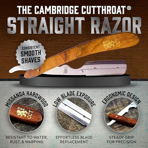 The Cambridge Cutthroat¢ç Cut Throat Razor Kit with Blades & Travel Pouch - Missanda Hardwood & Stainless Steel Professional Barber Shaver Men - Straight Edge Moustache & Beard Shaper