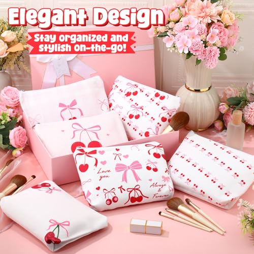 Kacctyen 18 Pcs Pink Cherry Bow Coquette Makeup Bag Cute Bow Canvas Cosmetic Bag International Womens Day Gifts for Women Girl with Zipper Aesthetic Travel Pouch Birthday Party Favor