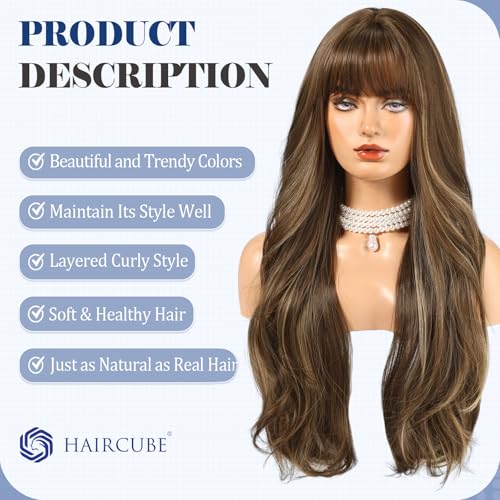 HAIRCUBE Long Brown & Blonde Highlight Curly Wig 22 Inch Synthetic Daily Use